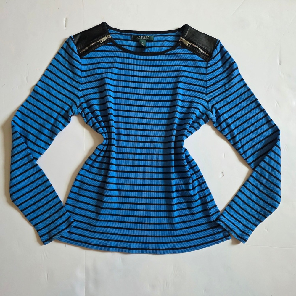 Lauren Ralph Lauren Top Large Blue Black Striped Faux Leather Zipper Shoulder